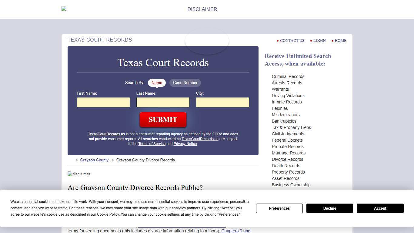 Grayson County Divorce Records TexasCourtRecords.us