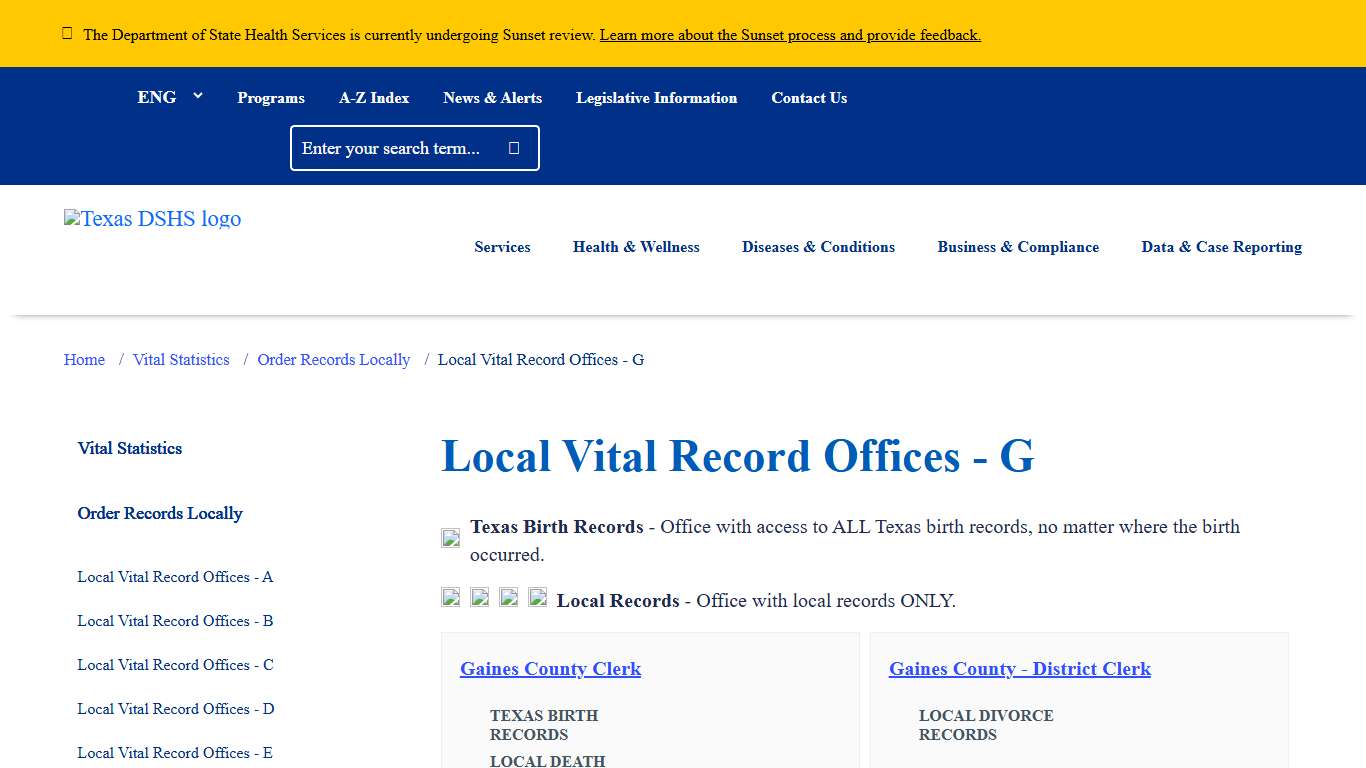 Local Vital Record Offices - G Texas DSHS